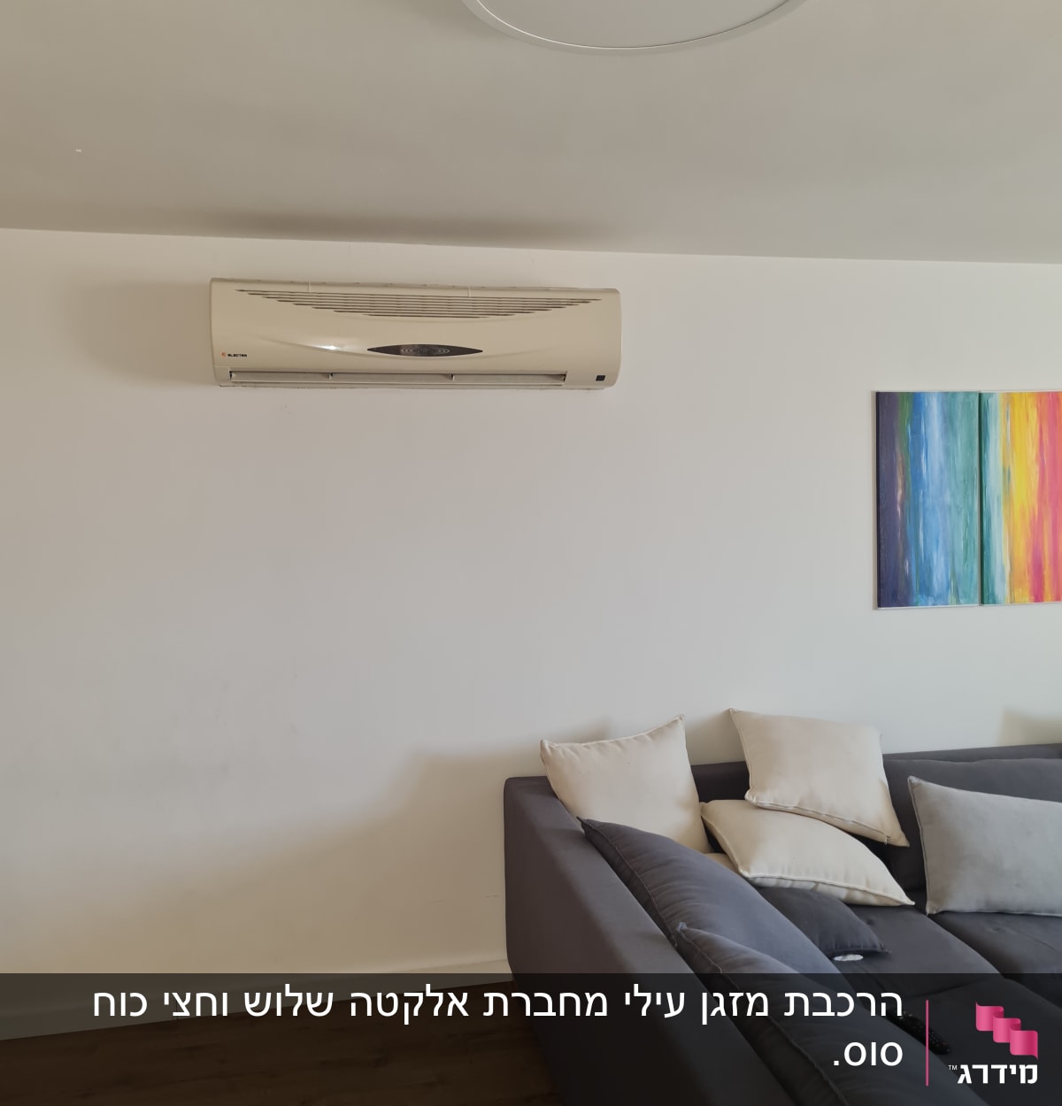 מזגן מותקן על קיר לבן בחדר מגורים